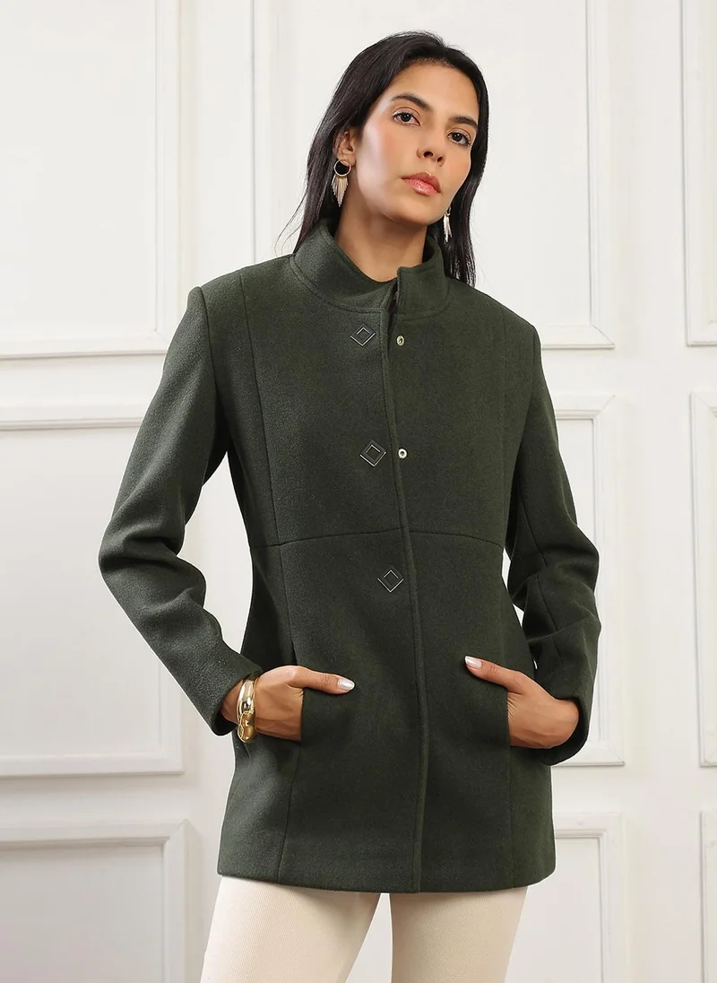 globus Globus Women Olive Mock Collar Long Sleeves Solid 2 Pockets Soft Functional Hip Length Winterwear Overcoat